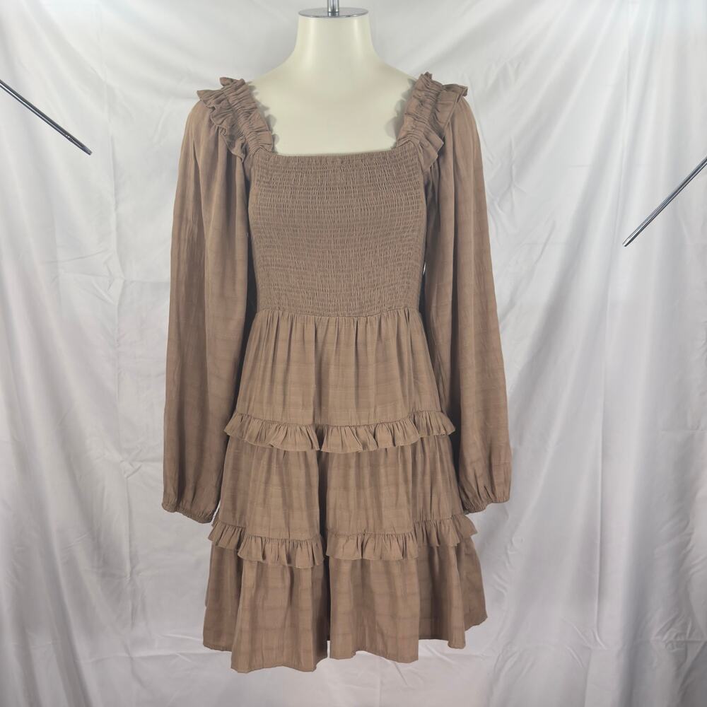 Entro Mini Dress Smocked Tiered Ruffle Taupe Medium Woven Crepe Rayon